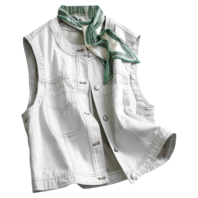 复古丝巾宽松显瘦口袋圆领女马夹