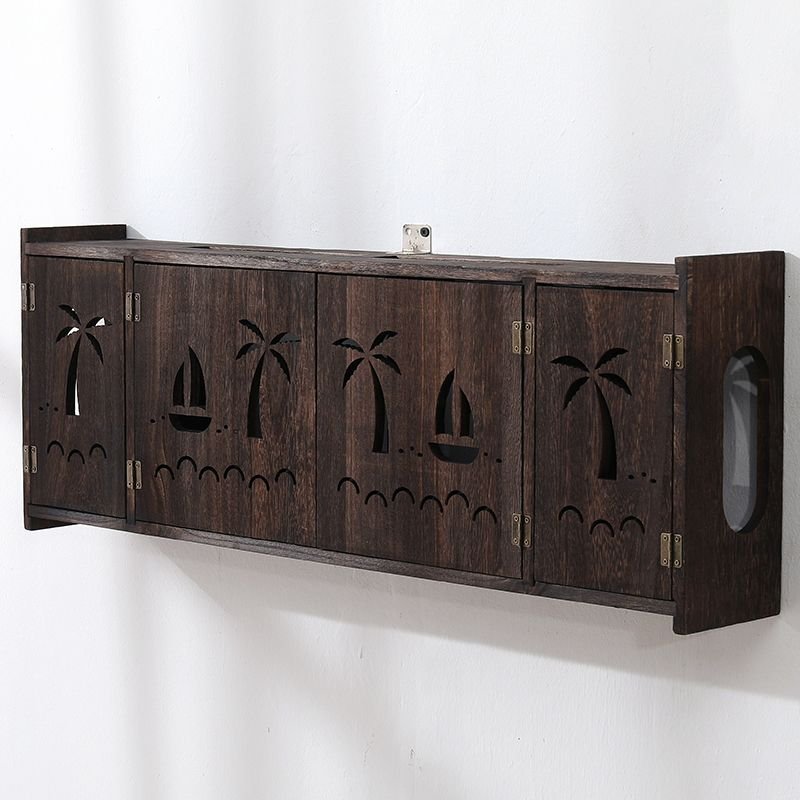 实木无线路由器收纳盒壁挂中式电线插排集线理线盒机顶盒置物收纳