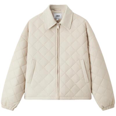 森马翻领菱形格三防轻薄棉服女