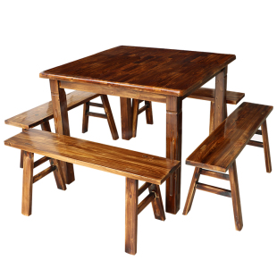 实木餐桌饭店桌椅组合快餐面馆小吃店餐饮经济型复古碳化桌椅板凳