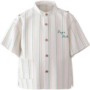 【天丝麻】papa爬爬夏季儿童条纹衬衫男女童立领短袖透气百搭洋气