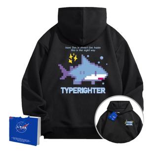 NASA卫衣男美式像素鲨鱼外套连帽oversize加绒潮牌情侣春秋帽衫女