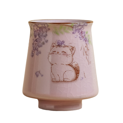 粉汝窑紫藤猫咪茶杯主人杯