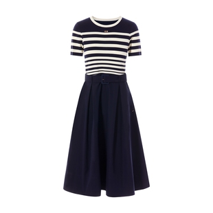朗姿集团LIME莱茵针织连衣裙暮色藏蓝色25夏新款条纹短袖拼接伞裙