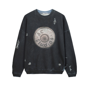 【顶版】AC新款3D打印纽扣印花宽松卫衣男女款磨破烂水洗做旧上衣