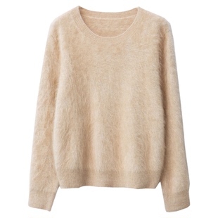 丝艺 100%山羊绒拉绒圆领针织衫羊绒衫女百搭纯色套头毛衣宽松春