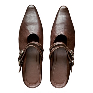 脱毒家 气场全开丨植鞣牛皮尖头内增高女鞋真皮包头复古外穿拖鞋