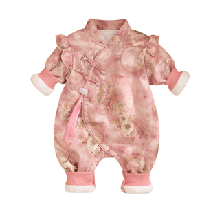 婴儿冬季夹棉衣服棉服中国风连体衣女宝宝哈衣爬服过年衣服拜年服