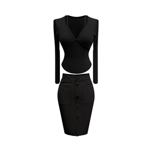 【现货7折】THE SWAN司凰轻奢 蕾丝花边针织上衣+小羊皮菱格半裙