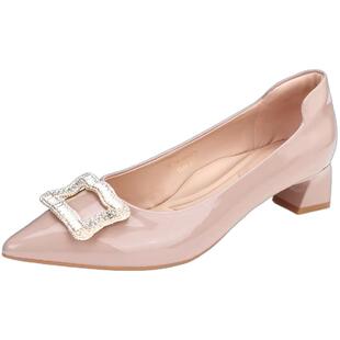 KISSCAT接吻猫2026新款尖头粗跟方扣水钻真皮银锭通勤浅口单鞋女