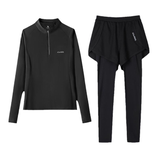 骆驼运动套装速干透气春秋休闲加绒立领上衣瑜伽健身假两件九分裤