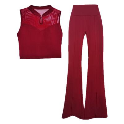 新中式红色瑜伽服套装女喇叭裤旗袍网纱拼接背心运动健身服两件套