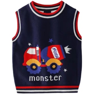 2023春秋儿童套头马甲男童双层加绒针织毛线背心男宝卡通坎肩上衣