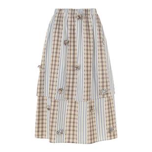 wana try纯棉拼接立体花朵半裙2025夏新品咖蓝格子条纹时髦中长裙