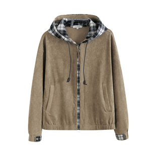 PLUSCRASH多结构万年格纹静奢老钱风撞色拼接仿麂皮连帽夹克外套