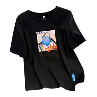 黑色圆领短袖t恤女宽松遮肚子2026夏季新款不规则下摆侧开叉上衣