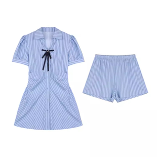 学院风套装收腰显瘦裙子大码胖mm条纹衬衫连衣裙女春夏短裤两件套