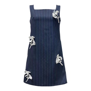 XUNRUO熏若 设计师品牌背心裙 25秋冬新款深蓝条纹手工花朵连衣裙
