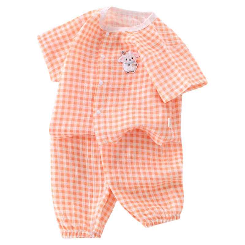 婴儿衣服夏薄款儿童睡衣上衣裤子宝宝撞色格子家居服空调服两件套