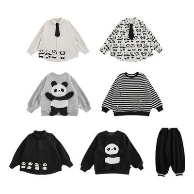 幼悠男童秋季新款长袖条纹卫衣小翻领衬衫加绒长裤熊猫系列套装潮