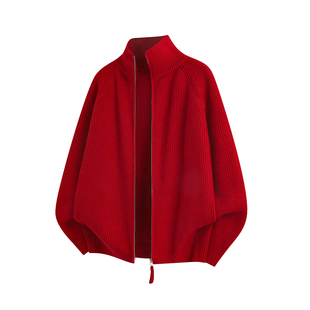 wassup happy红色肌理感立领毛衣男款秋冬季新款宽松休闲开衫外套