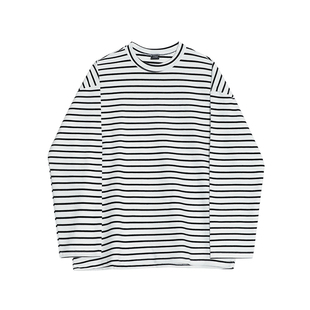 MRCYC慵懒风条纹长袖T恤男士秋季纯棉圆领打底衫韩系潮流宽松上衣