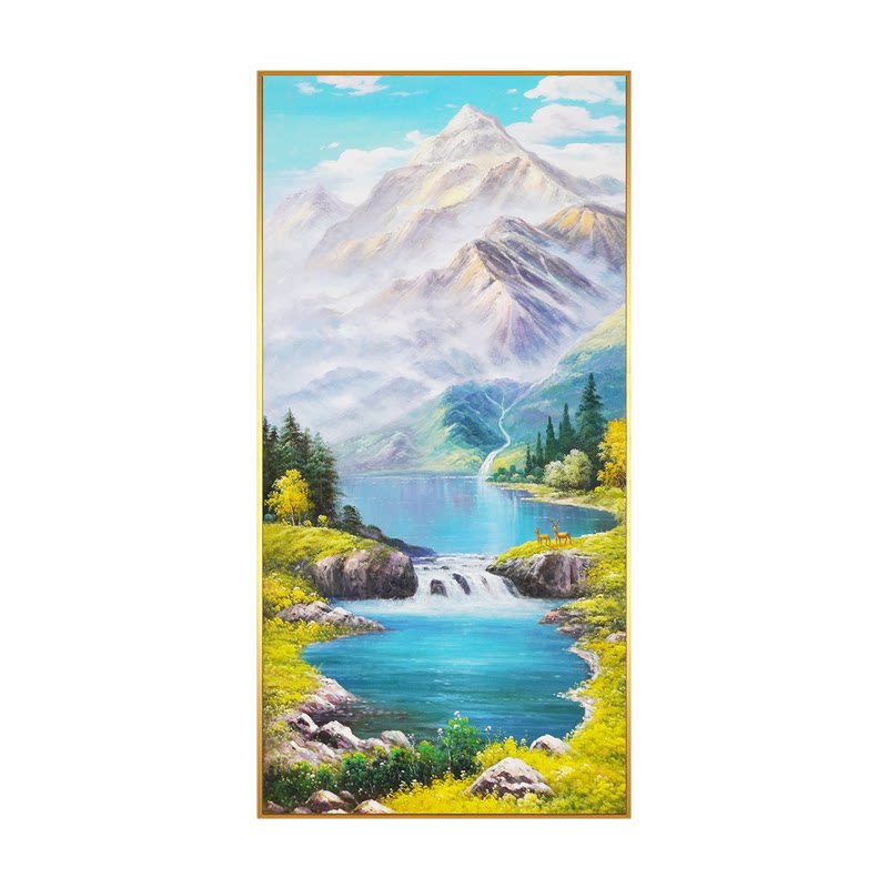 玄关雪山风景纯手绘油画山水画客厅入户走廊聚宝盆装饰画壁画挂画
