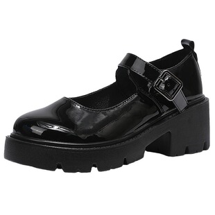 回力乐福鞋女款圆头浅口一字带小皮鞋漆皮亮面厚底粗跟黑色单鞋子