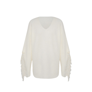 嫚渡|100%山羊绒流苏针织V领长袖宽松中长款套头白色山羊绒衫