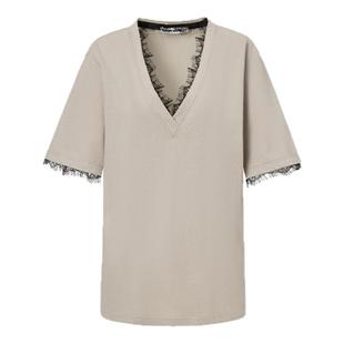 【明星同款】LEDIM WANG淡人蕾丝V领短袖高端T恤女春夏撞色边上衣