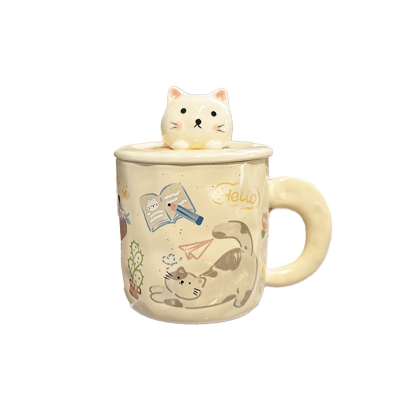 可爱猫咪陶瓷杯子带盖勺马克杯