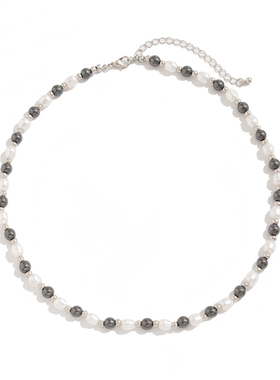 欧美新款黑胆石拼接珍珠项链