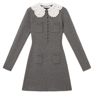 self-portrait 2026早春新款灰混色可拆卸蕾丝领长袖针织连衣裙