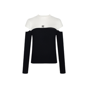 郁香菲撞色圆领针织衫女气质通勤春季时尚拼接露肩长袖套头上衣