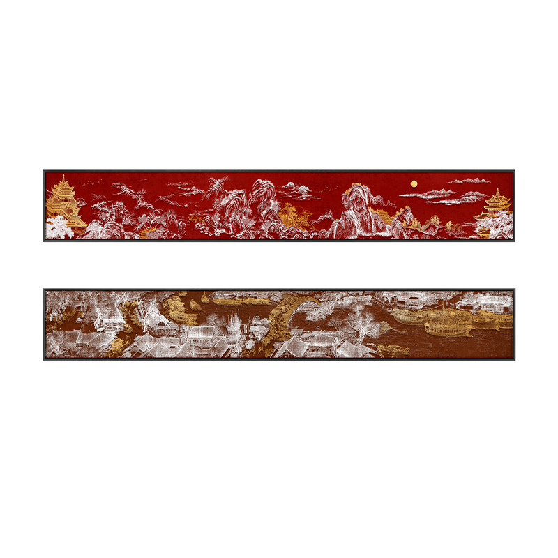 新中式千里江山图浮雕肌理装饰画