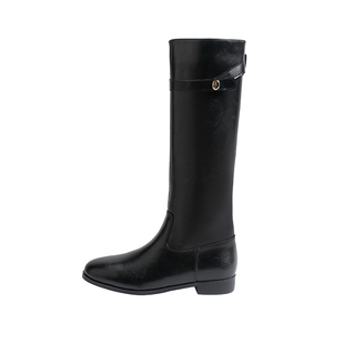 真皮~骄屿英伦风靴子长筒靴女2025新款不过膝粗跟圆头高筒骑士靴