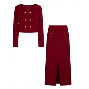 高级感红色小香风套装长款冬裙女装韩版超火一整套订婚礼服两件套