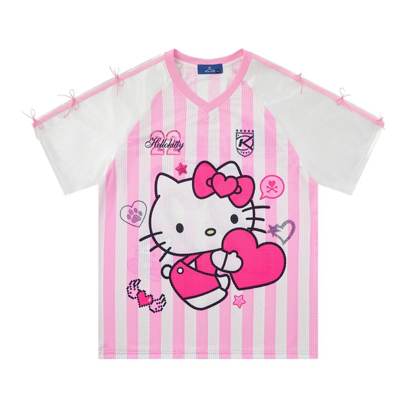 MoCreation 卡通Kitty猫条纹插肩袖T恤女夏季V领宽松显瘦网眼透气