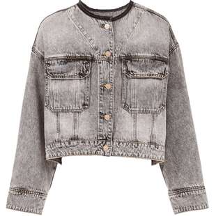 ONLY2026春季新款复古水洗个性毛边圆领宽松落肩短款牛仔外套女