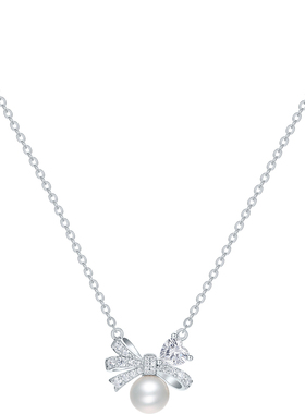 周六福项链女蝴蝶结珍珠链坠S925银轻奢小众送女友节日礼物