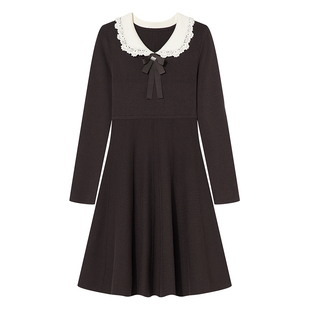 Goodland美地女装法式娃娃领收腰a字针织连衣裙秋冬季LC34506067