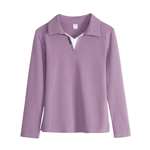 翻领宽松上衣女春秋新款纯棉外穿秋衣40岁女洋气百搭带领长袖t恤