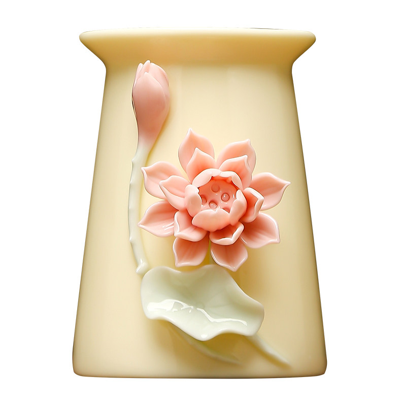 黼山堂陶瓷荷莲手工茶道笔筒摆件