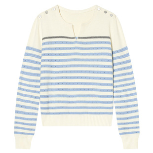 Goodland美地蓝白条纹针织衫女法式毛衣短款羊毛混纺LC34506460