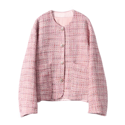 淘么淘 一眼心动 薄雾玫瑰粉香风粗花呢含羊毛圆领外套女早春新款