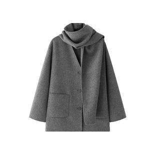 羊织道可颂 丝驼羊毛大衣女冬季中长款可拆卸围巾V领双面呢外套