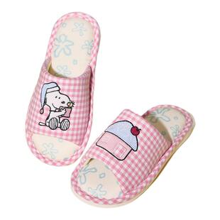 Gukoo/果壳史努比卡通格子一字拖女可爱居家拖鞋平底亚麻拖鞋