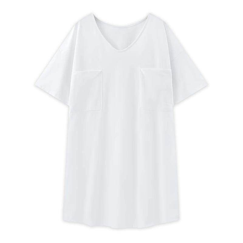 睡衣女夏季纯棉性感深V大码宽松白色短袖t恤睡裙一体式家居服长款