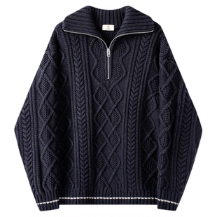 【限时清仓】重磅双股28支高密秋季复古绞花半拉链套头毛衣针织衫
