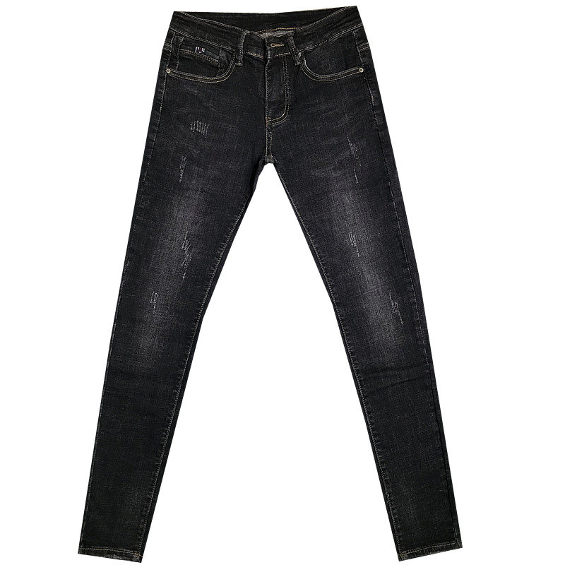 潮男秋冬新韩修身黑黄猫须小脚牛仔裤男长 社会精神小伙快手网红